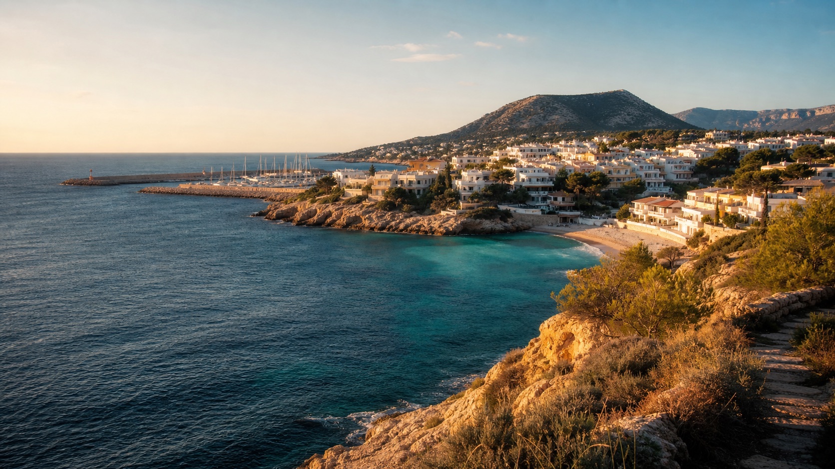 De kust en heuvels rond Moraira bij zonsondergang