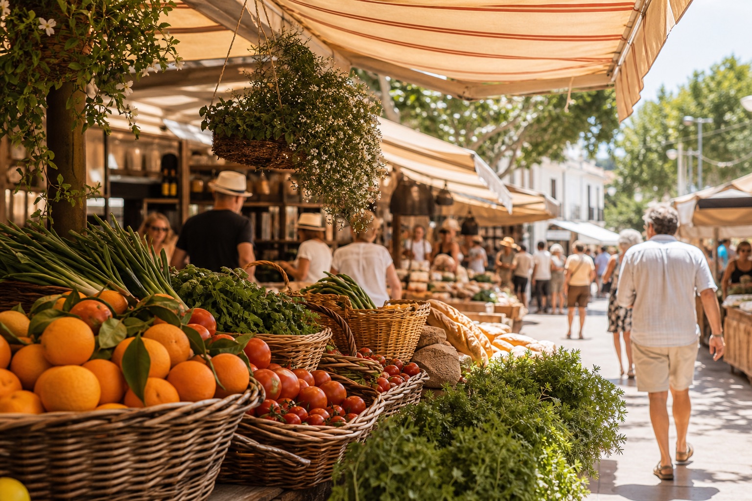Groente, fruit en bezoekers op een zonnige markt